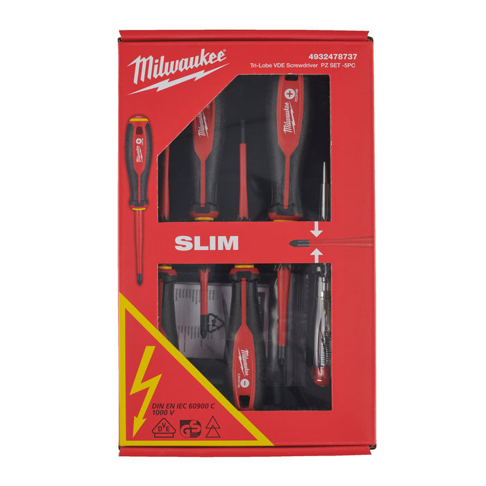 Milwaukee Zestaw wkrętaków VDE - 5szt. (SL0,5X3X100, SL0,8X4X100, PZ1 X80, PZ2 X100, tester)