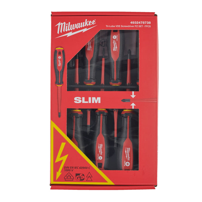 Milwaukee Zestaw wkrętaków VDE - 7szt. (SL0,4X2,5X75, SL0,5X3X100, SL0,8X4X100, PH2 X100, PZ1 X80, PZ2 X100, tester)