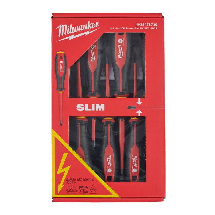 Milwaukee Zestaw wkrętaków VDE - 7szt. (SL0,4X2,5X75, SL0,5X3X100, SL0,8X4X100, SL1,0X5,5X125, PH1 X80, PH2 X100, tester)