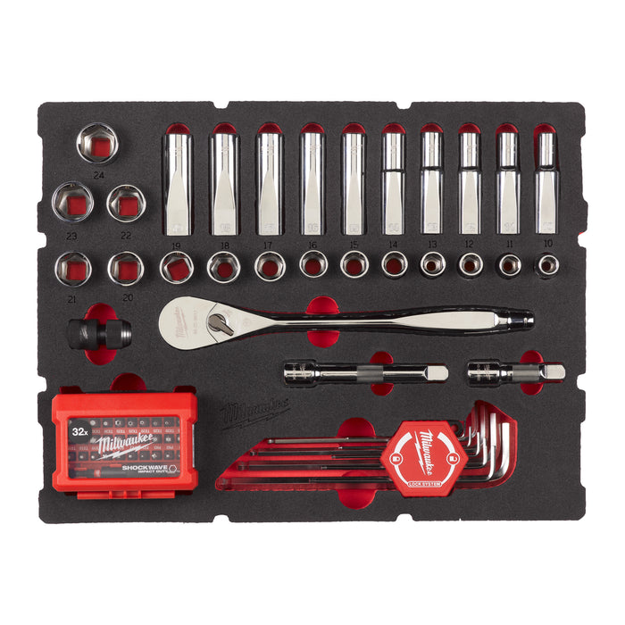 Milwaukee Wkładka piankowa z nasadkami 1/2", bitami udarowymi, adapterem i kluczami imbusowymi - do skrzyni Packout z szufladami, 70 szt