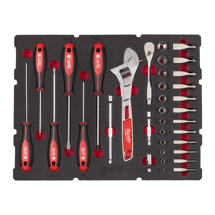 Milwaukee Wkładka piankowa z nasadkami 1/4", wkrętakami i kluczem - do skrzyni Packout z szufladami, 35 szt