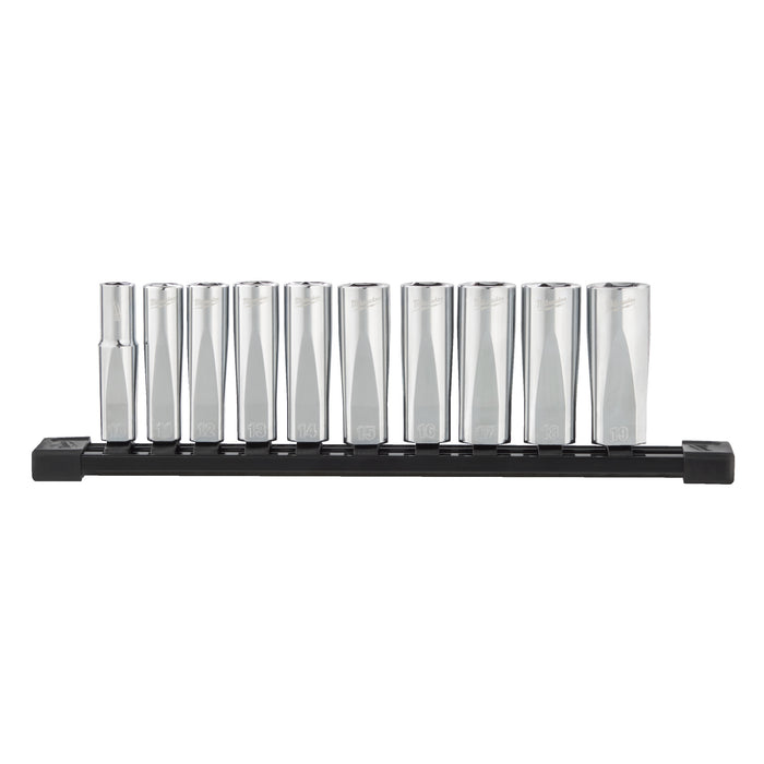 Milwaukee Zestaw nasadek metrycznych długich 3/8˝ 10 szt. na szynie (10-19mm)