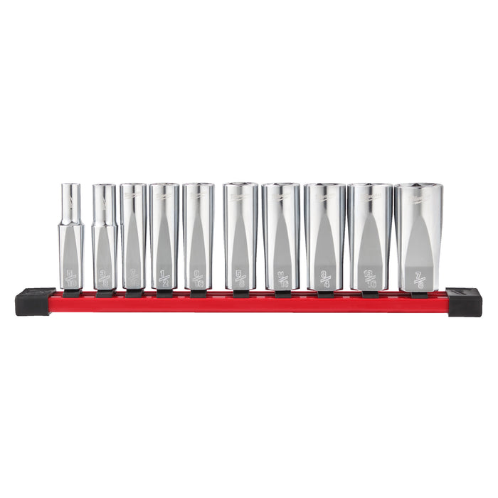 Milwaukee Zestaw nasadek imperialnych długich 3/8˝ 10 szt. na szynie (10-19mm)