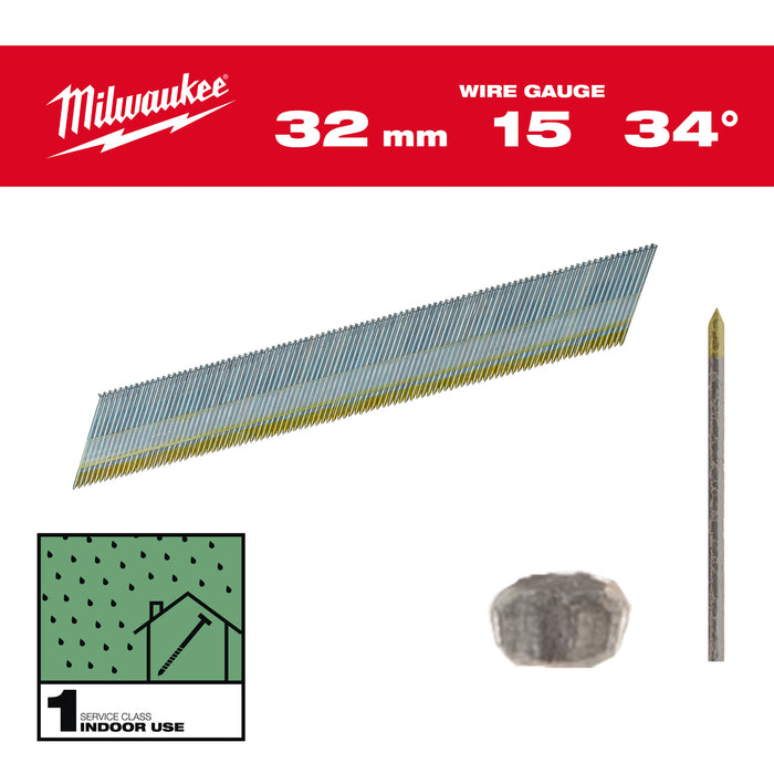 Milwaukee Sztyfty wykończeniowe, 15G, głowa typu D 32mm galwanizowane do M18 CN15GA 4000szt.