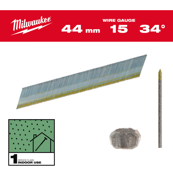 Milwaukee Sztyfty wykończeniowe, 15G, głowa typu D 44mm galwanizowane do M18 CN15GA 2500szt.