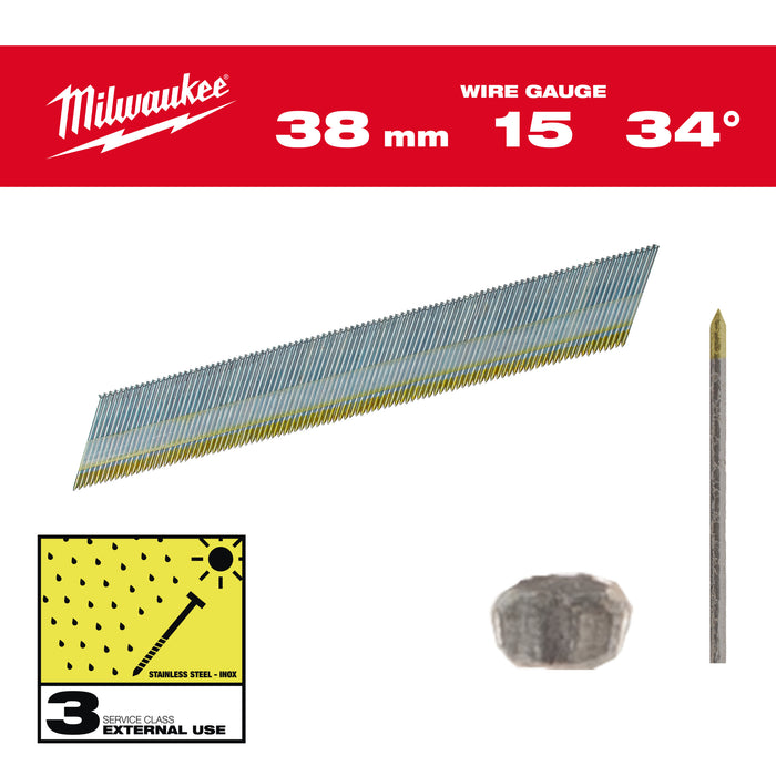 Milwaukee Sztyfty wykończeniowe, 15G, głowa typu D 38mm INOX do M18 CN15GA 2500szt.