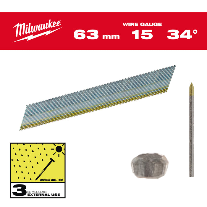 Milwaukee Sztyfty wykończeniowe, 15G, głowa typu D 63mm INOX do M18 CN15GA 2200szt.