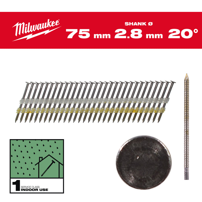 Milwaukee Gwoździe 20° pierścieniowe okrągły łeb jasny 75mm 1750szt. - M18 FFN21