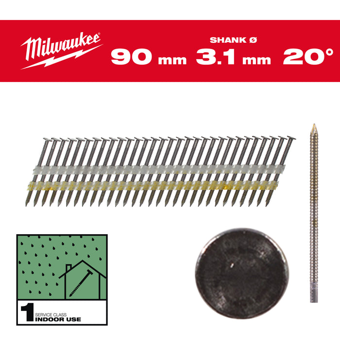 Milwaukee Gwoździe 20° pierścieniowe okrągły łeb jasny 90mm 1750szt. - M18 FFN21