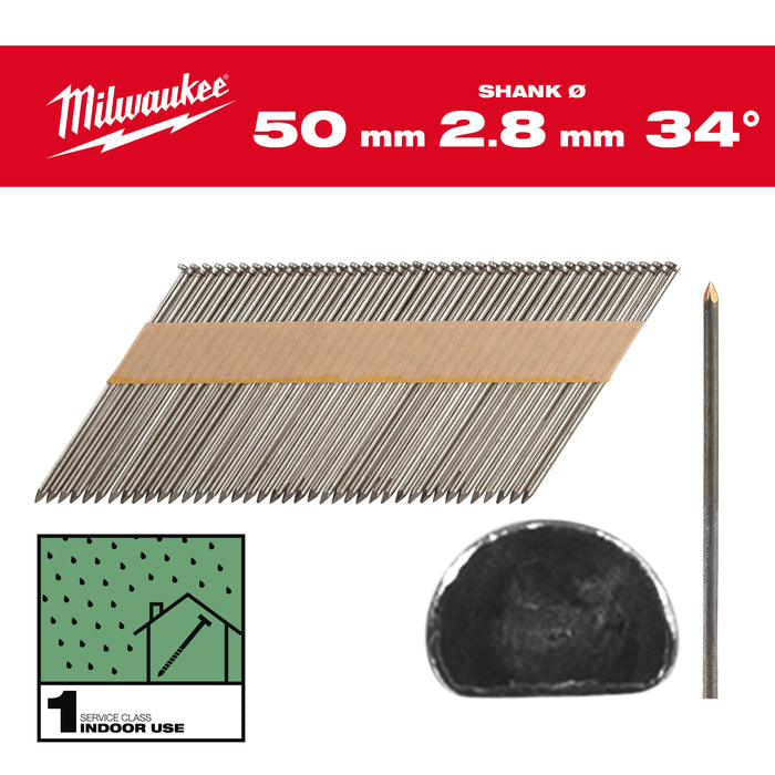 Milwaukee Gwoździe 34° pierścieniowe sfazowana głowa, jasne 50mm - 2200szt - M18FFN
