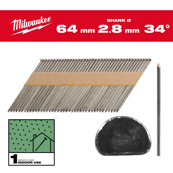 Milwaukee Gwoździe 34° pierścieniowe sfazowana głowa, jasne 64mm - 2200szt - M18FFN