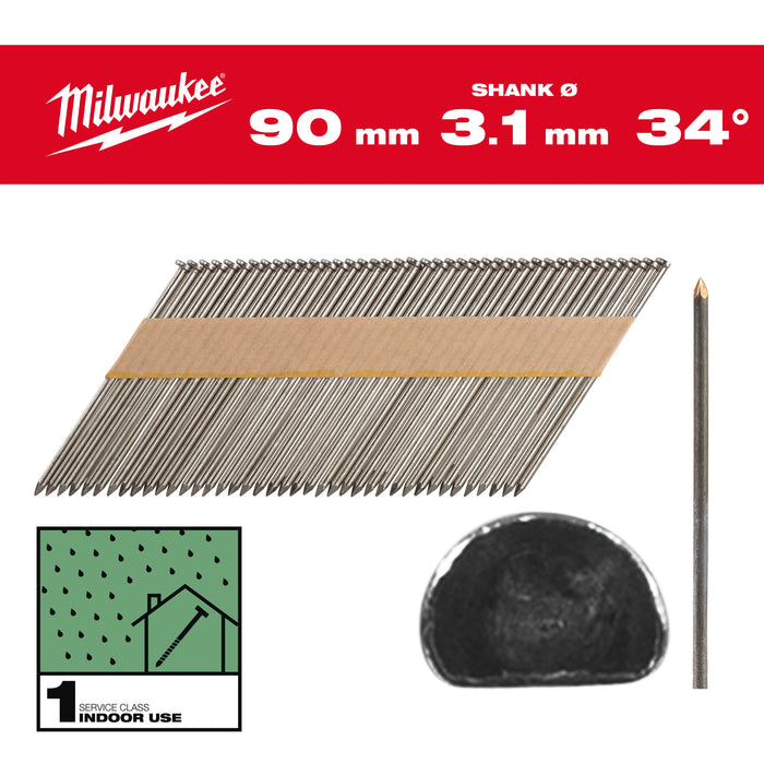 Milwaukee Gwoździe 34° pierścieniowe sfazowana głowa, jasne 90mm - 2200szt - M18FFN
