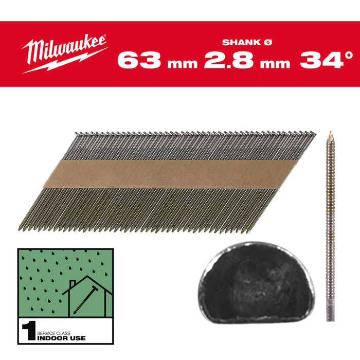 Milwaukee Gwoździe 34° pierścieniowe okrągły łeb jasny 63mm - 2200szt - M18FFN