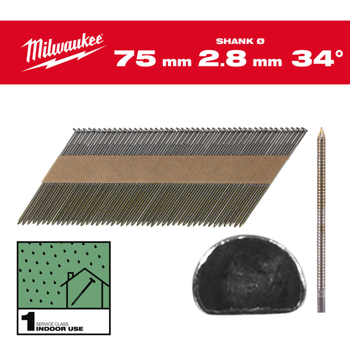 Milwaukee Gwoździe 34° pierścieniowe okrągły łeb jasny 75mm - 2200szt - M18FFN