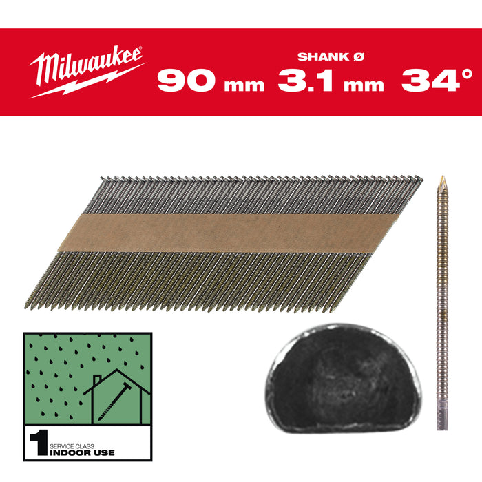 Milwaukee Gwoździe 34° pierścieniowe okrągły łeb jasny 90mm - 2200szt - M18FFN